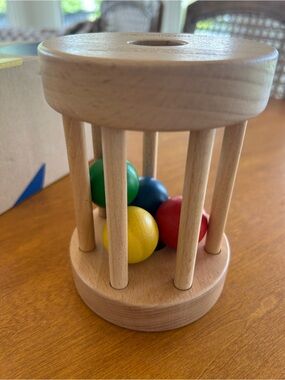 Wooden Color Sorting Rattle Toy - Natural with Red, Blue, Green, Yellow Balls